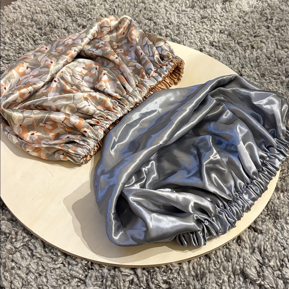 Silver Satin Bonnet and Floral Satin Bonnet
